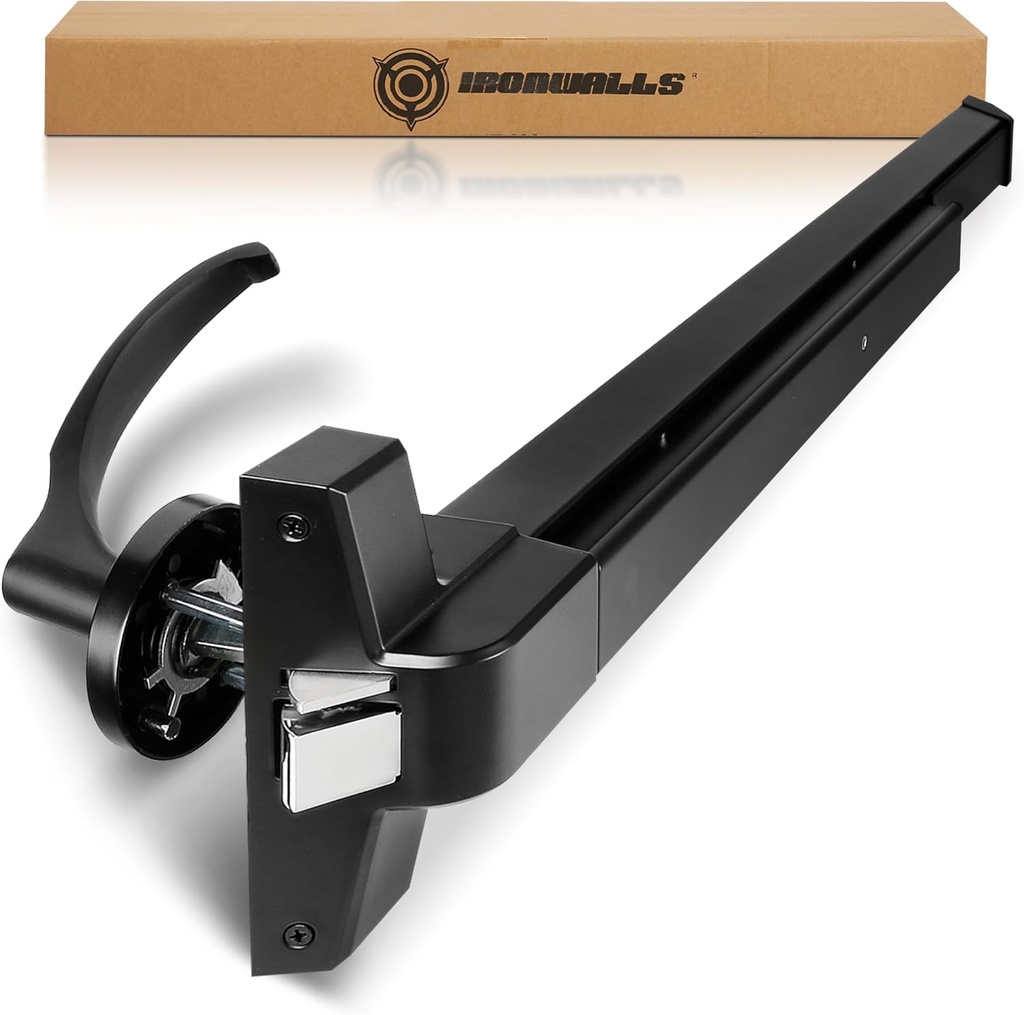 IRONWALLS Door Push Bar Panic Exit Device Stainless Steel with Handle Lever, Black 32” Commercial Push Panic Bars for Emergency Exit Doors, Heavy Duty Panic Hardware for 32”-47” Wooden/Metal Door