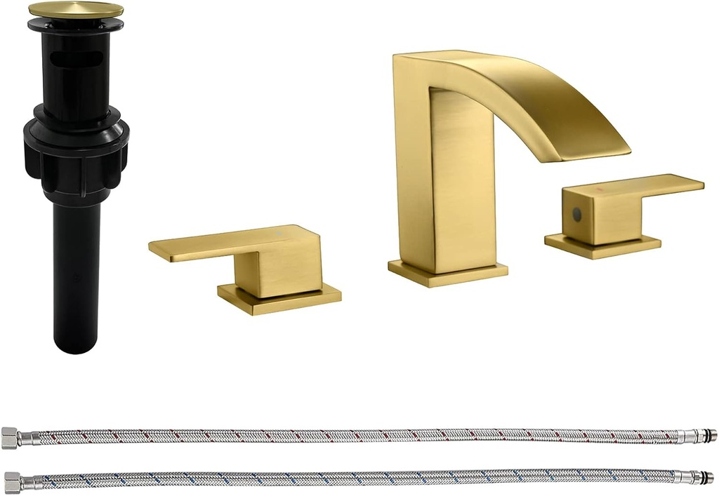 Brushed Gold Bathroom Sink Faucets 3 Hole Widespread Waterfall Basin Faucet with Pop-Up Drain Bathroom Vanity Faucets Lavatory Faucet