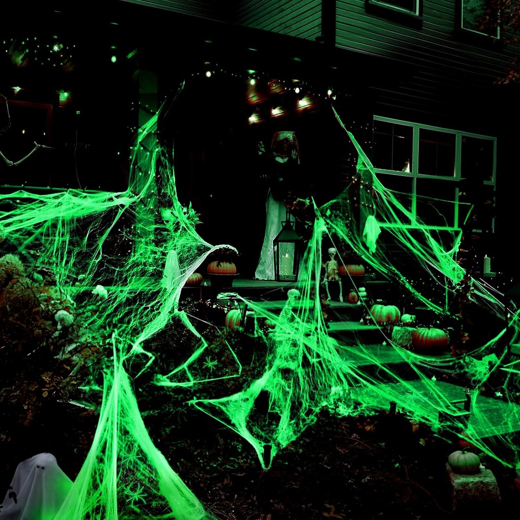 CCINEE Spider Webs Halloween Decorations,200 sqft Glow in The Dark Super Stretch Cobwebs Decoration with 30 Small Glow Fake Spiders for Home Office Haunted House Halloween Indoor and Outdoor Decor