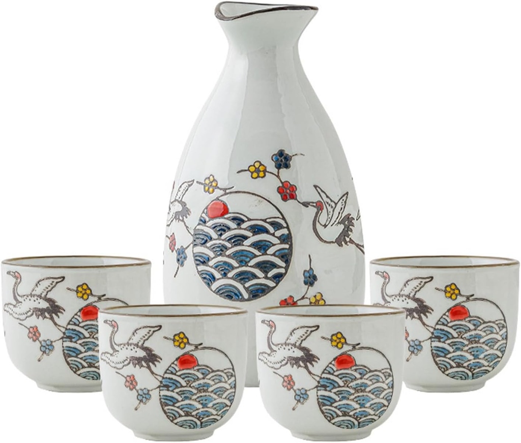 Auspicious White Sake Set, Bottle with Four Cups, Traditional Retro Living Home Decoration Tableware, Suitable for Housewarming Celebration