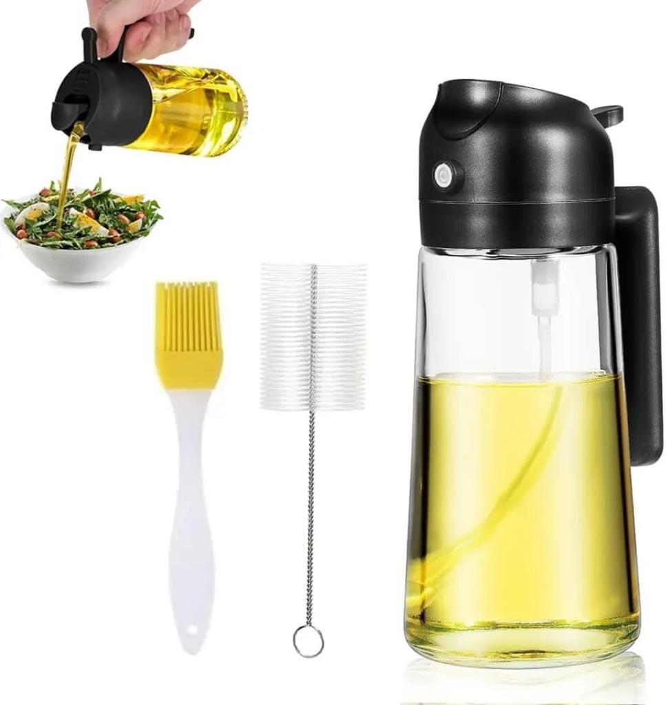 ARHAN Oil Spray Bottle for Kitchen With 2 Cleaning Brush - 2 in 1 Oil Dispenser and Oil Sprayer for Cooking, Air Fryer, BBQ, Salad, Olive Oil Sprayer, Cooking Appliances, (16oz/470ml) (Black)