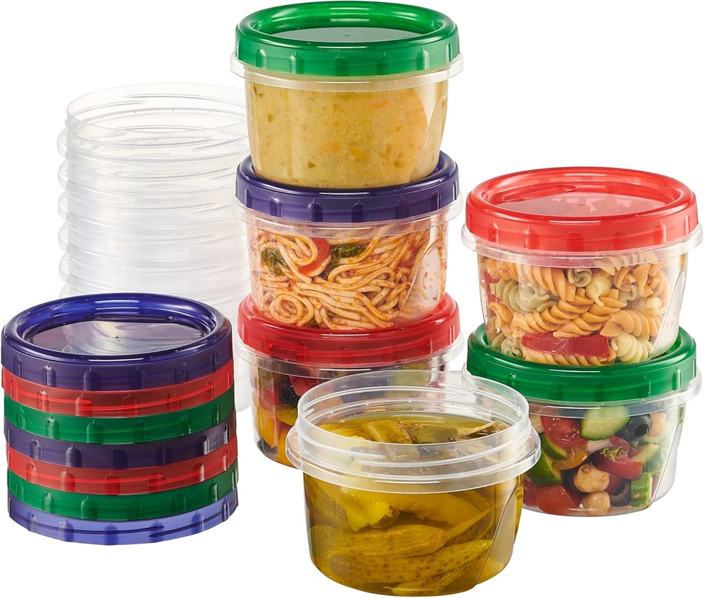 Twist Top Food Storage Containers 16 oz 12 Pack Plastic Freezer Storage Containers Leakproof Reusable with Screw on Colored Lids