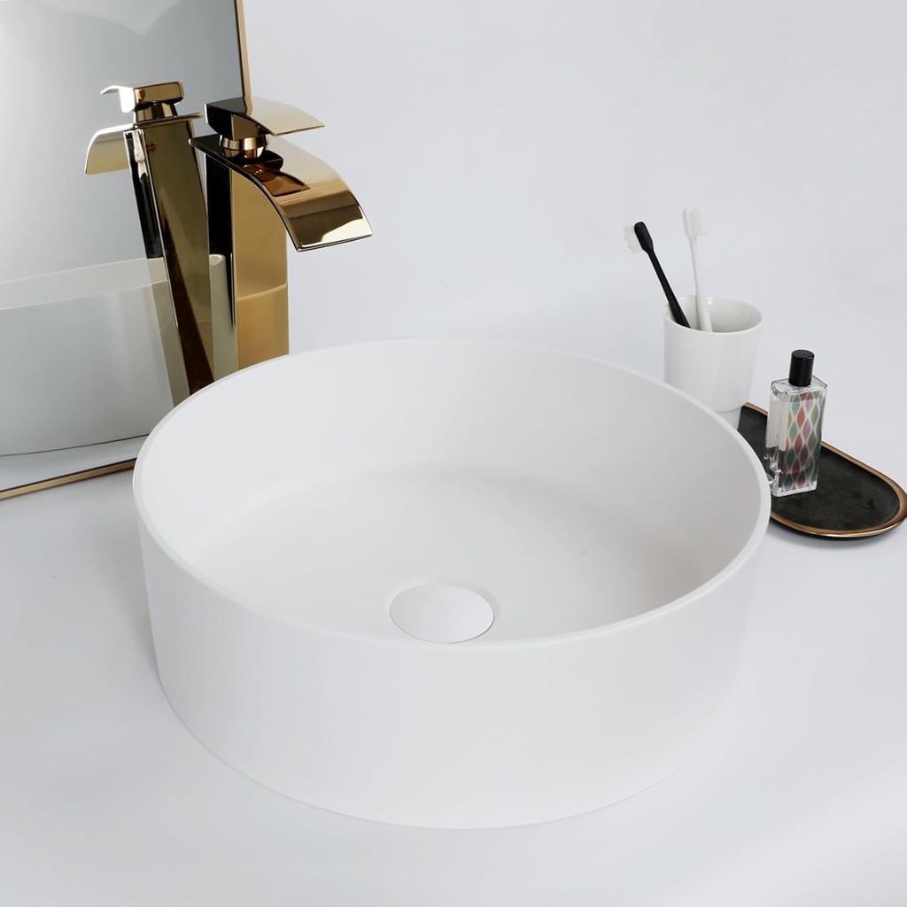 13 Inch Stone Resin Bathroom Sink with Pop-Up Drain Combo,Round Vessel Sink Above Counter Modern Bathroom Vessel Sink Bowl (White)