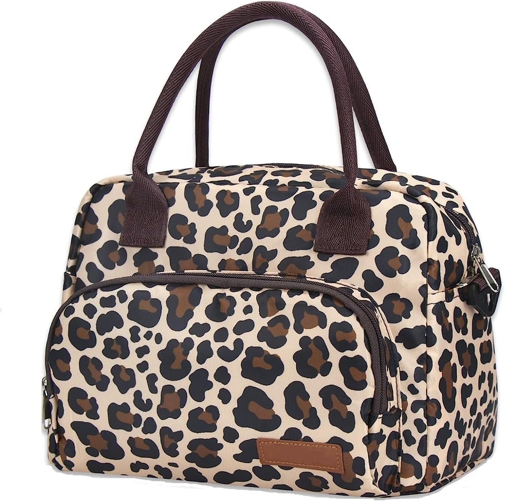 KD Insulated Lunch Bag for Women. Lunch Box, Reusable with Zipper Lunch Tote Bag Detachable Shoulder Strap Drinks Cooler Durable Leakproof for Work, Picnic, Beach, Fishing (Leopard)