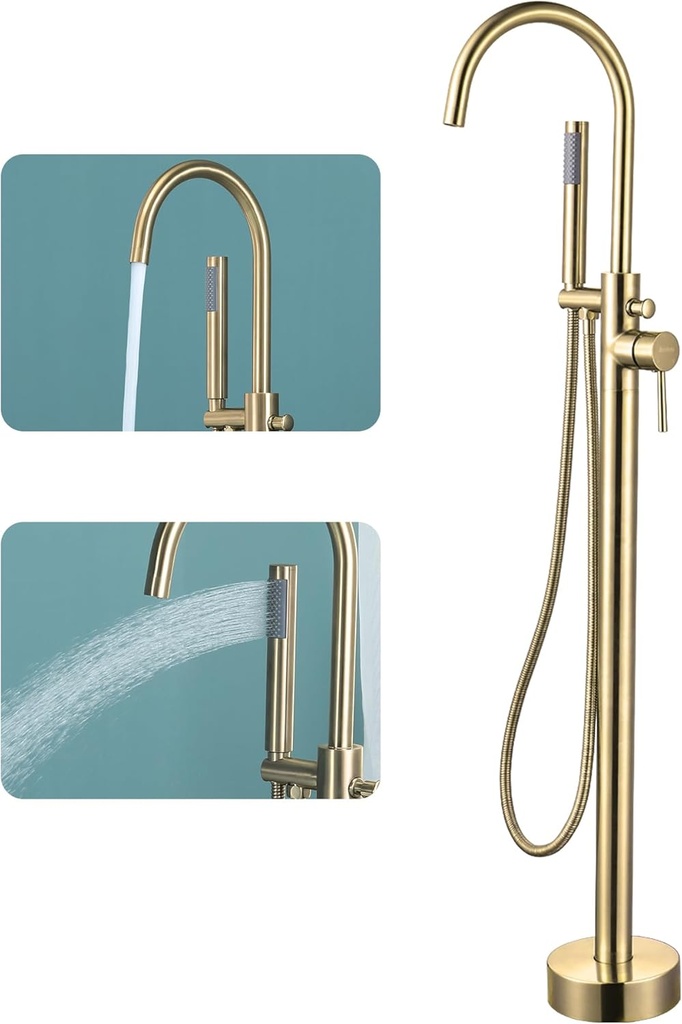 Freestanding Bathtub Faucet Brushed Gold Tub Filler Free Standing Tub Faucet with Sprayer, Floor Mount Tub Faucet, High Flow Brass Shower Faucet with Hand Shower, Single Handle - JIAENLEMA