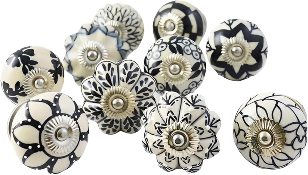 Ajuny Ceramic Cabinet Knobs, Set of 10 - Vintage Black & White, Hand-Painted Pumpkin & Round Drawer Pulls for Kitchen Cabinets, Vanities, Dressers & Cupboards, 1.5 in, Screws & Backplates Included