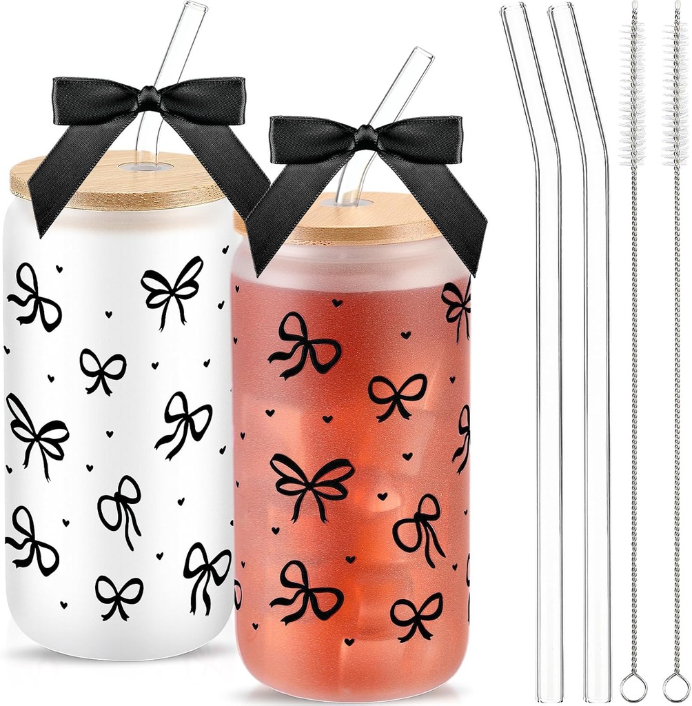 2 Sets 16oz Coquette Aesthetic Bow Glass Cup with Lids and Straws for Christmas Mom Teacher Gifts Cute Bow Glass Coffee Cups Reusable Smoothie Tumbler Decor Gifts for Women Coworkers (Black)