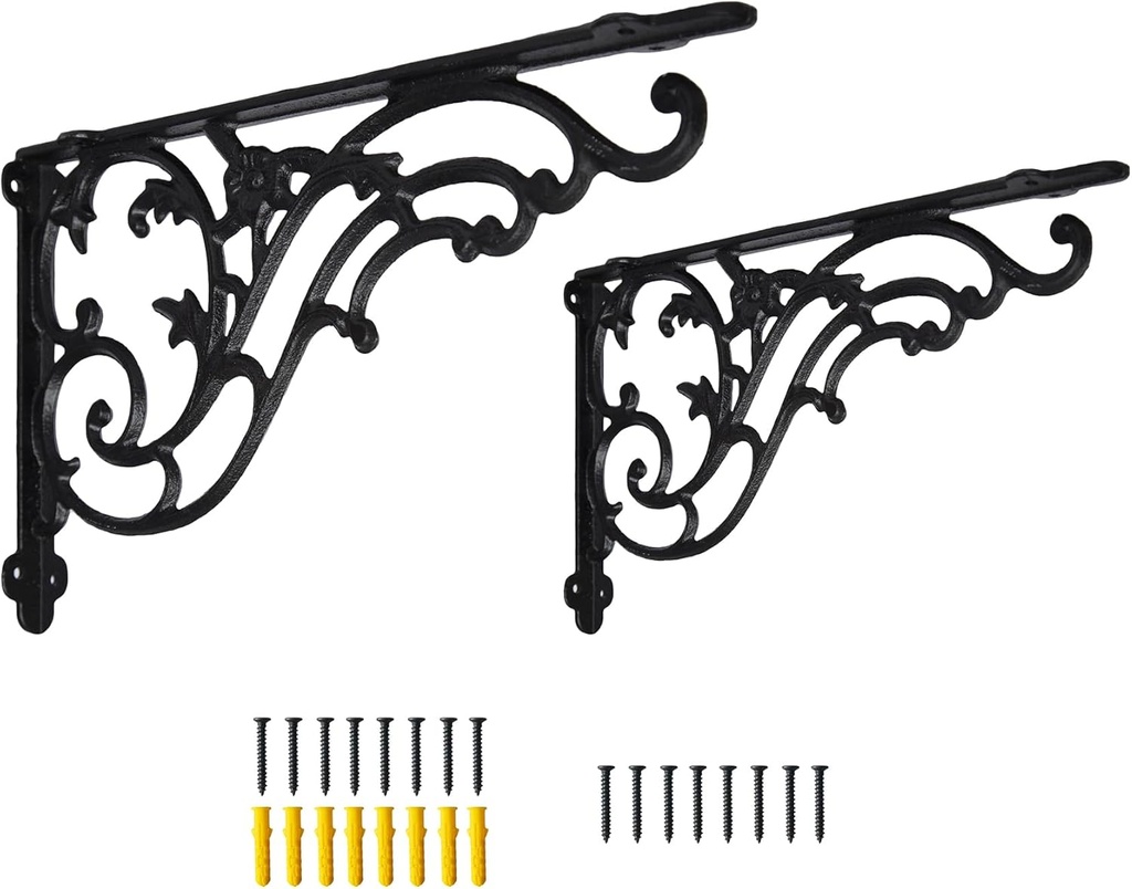 14''x8.5'' Decorative Shelf Brackets,2 Pack Cast Iron Shelf Supply,14 Inch Large Antique Black Corbesl,Screws Anchors Included