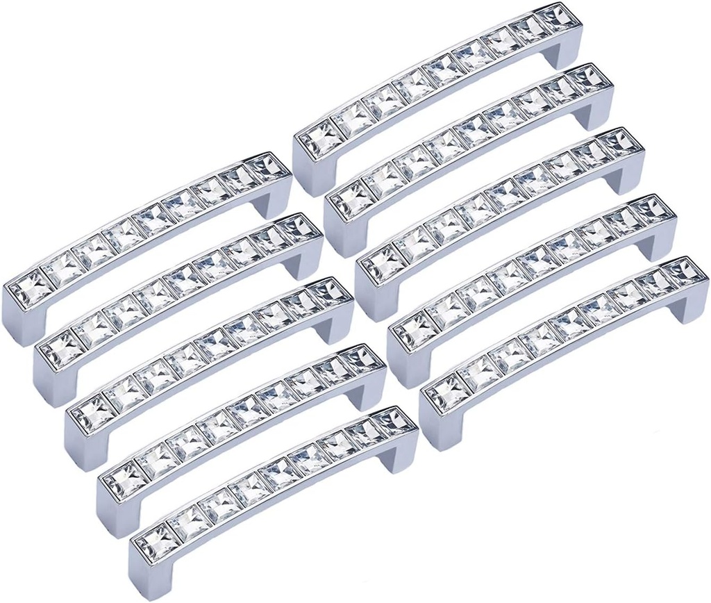 abcGoodefg Modern Decorated Crystal Glass Rhinestone Cabinet Handle, 4" Length (3.8" Hole Centers), Clear Silver, Zinc Alloy, 10-Pack