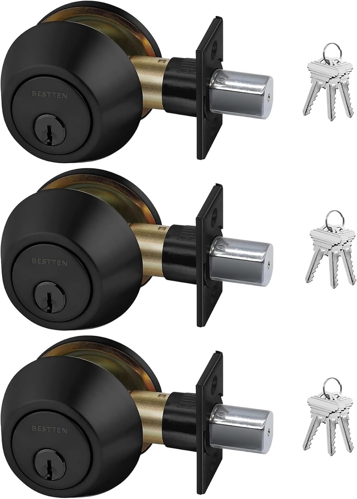 BESTTEN 3 Pack Keyed Alike Deadbolt, Single Cylinder Entry Door Lock with Same Key, 9 Keys Included, for Exterior Front Doors, Matte Black