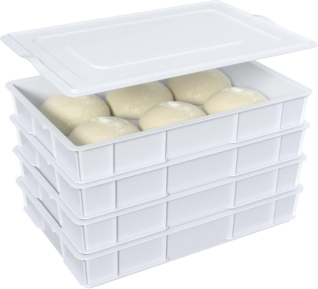 4 Packs Plastic Stackable Proofing Dough Trays, Commercial Pizza Proofing Box with Lid, White