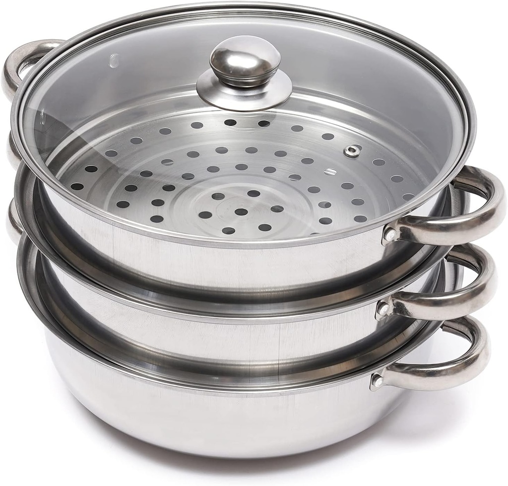 Steam Canner, Steamer Pot Stainless Steel 3 Tier - 28cm Steamer Pot with Glass Lid Food Veg Cooker Pot Cooking Pan Steaming Pot Dim Sum Cookware Steamer For Kitcken Cooking Tool