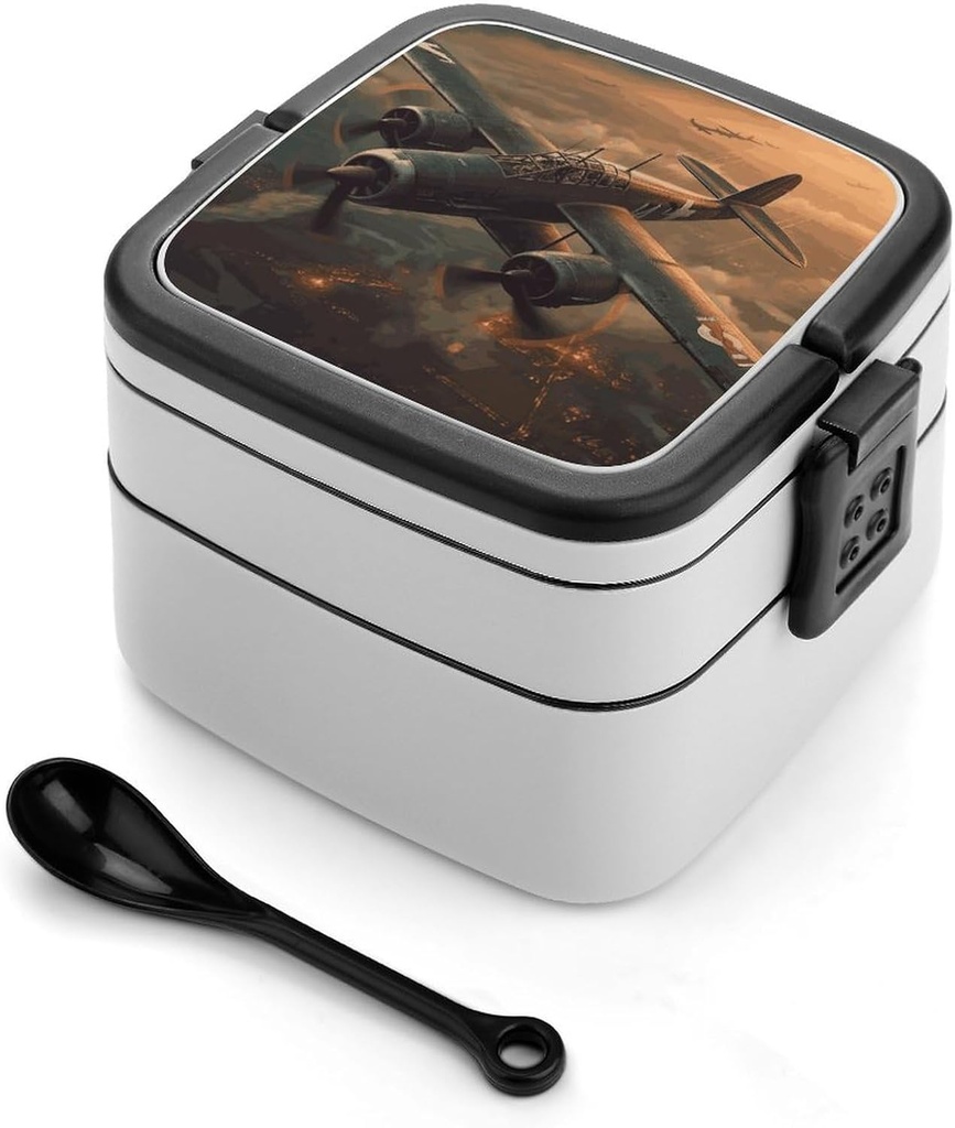 World War Aircraft Bento Box Adult Lunch Box All-in-One Lunch Containers with Removable Compartments Double Layer Bento Lunch Box with Spoon And Handle Stackable Lunchbox