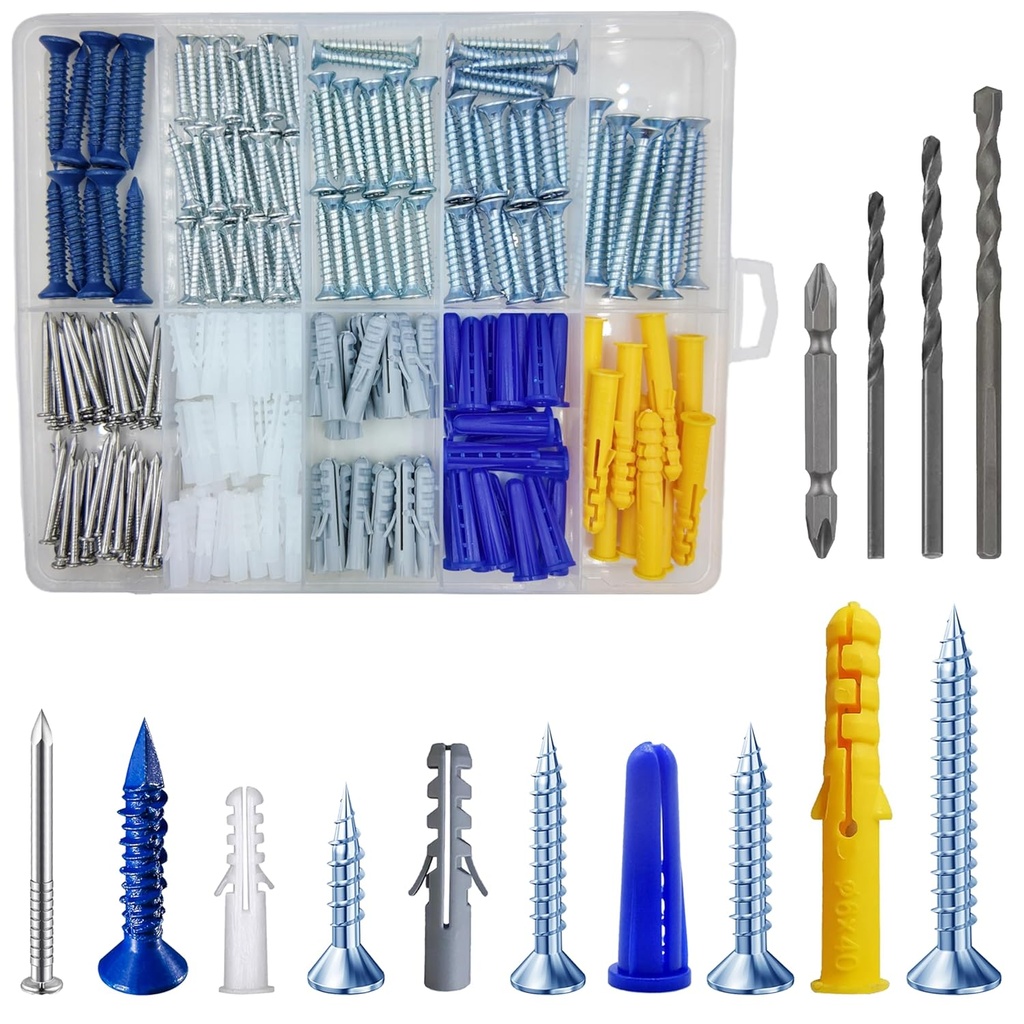 (274 pcs) Plastic Drywall Wall Anchors Kit with Screws， Concrete Screw kit Wall Anchor Set Suitable for Brick and Cement Walls