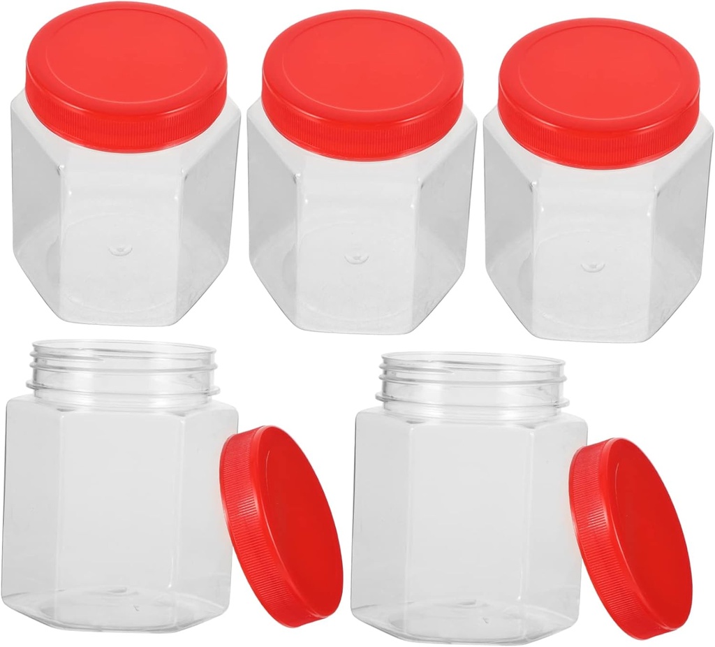 IMIKEYA 5pcs Airtight Hexagonal Plastic Storage Jars for Pantry Kitchen Dry Food Container Twist Lid for Nuts Cereal Snacks Candy Flour Organization