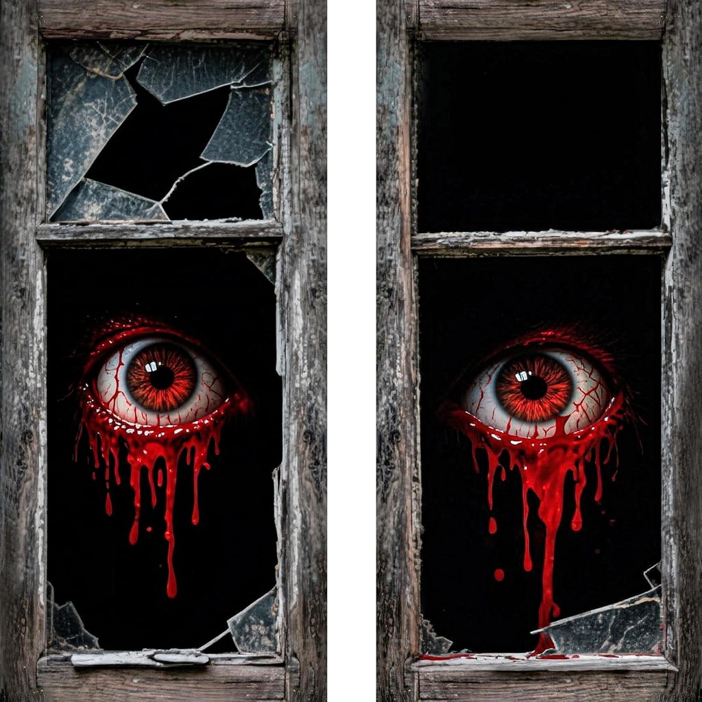 Roetyce Halloween Window Decorations, 2PCS Halloween Curtain Banner, Scary Window Clings Door Cover Indoor Outdoor 59 x 27.5 Inch, Horror Party Wall Poster