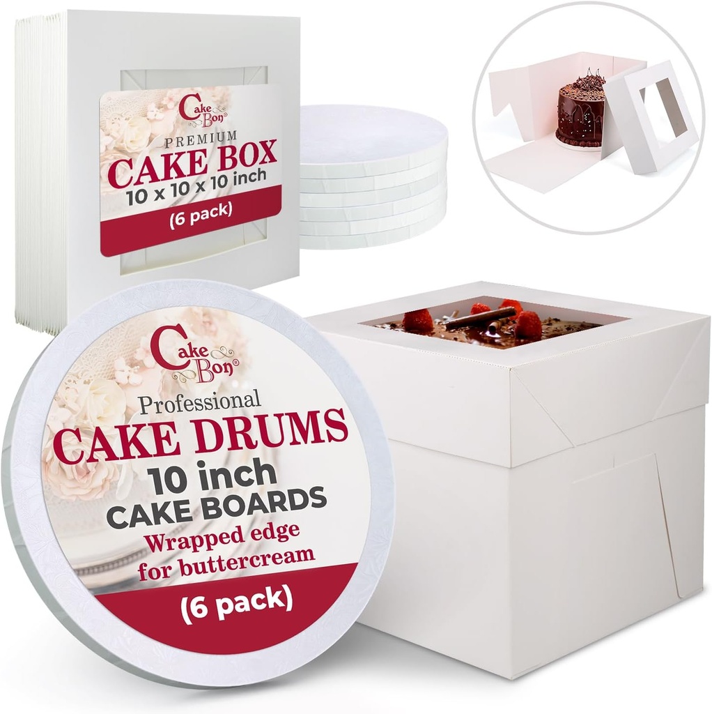 Cakebon Cake Boxes with Boards - 10 Inch Round Cake Drum White (6-pack) - Box With Window for Birthdays, Weddings and Parties