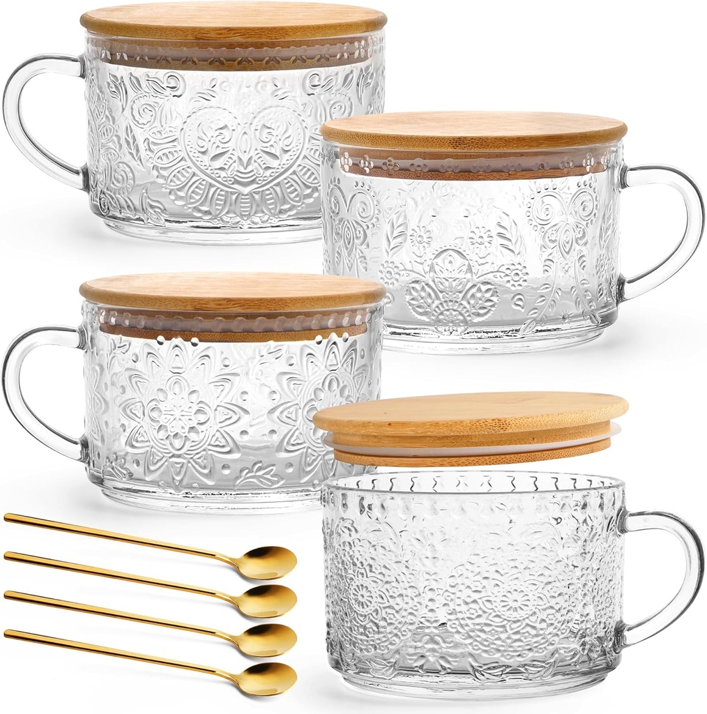 YORY 4-Pack Vintage Glass Mugs with Bamboo lids and Spoons Coffee Tea Cups Gifts for Women Overnight Oats Containers 14oz,