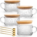 YORY 4-Pack Vintage Glass Mugs with Bamboo lids and Spoons Coffee Tea Cups Gifts for Women Overnight Oats Containers 14oz,