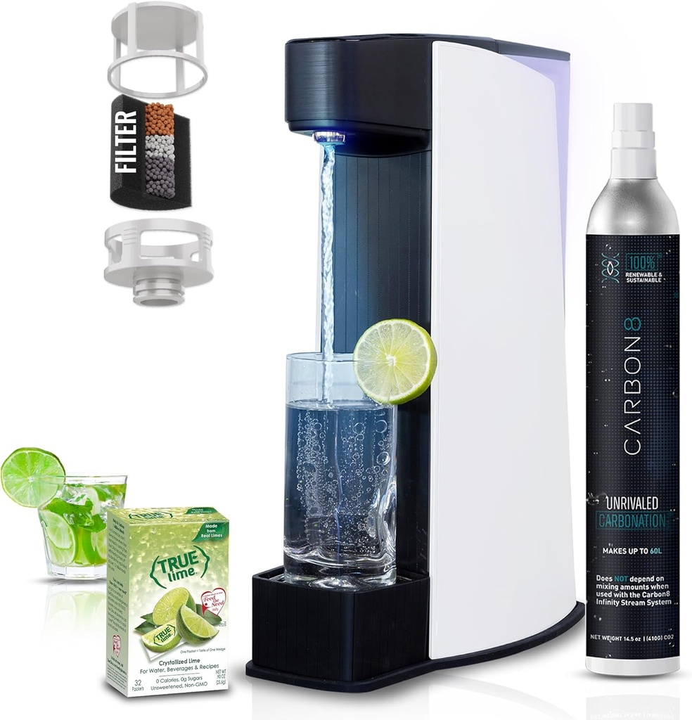Carbon8 Sparkling Water Maker Machine, Home Soda Stream Machine, Screw-In CO2 Carbonator, Countertop Water Mineralizer, Seltzer Soda Maker Dispenser, CO2 Cylinder Included, White