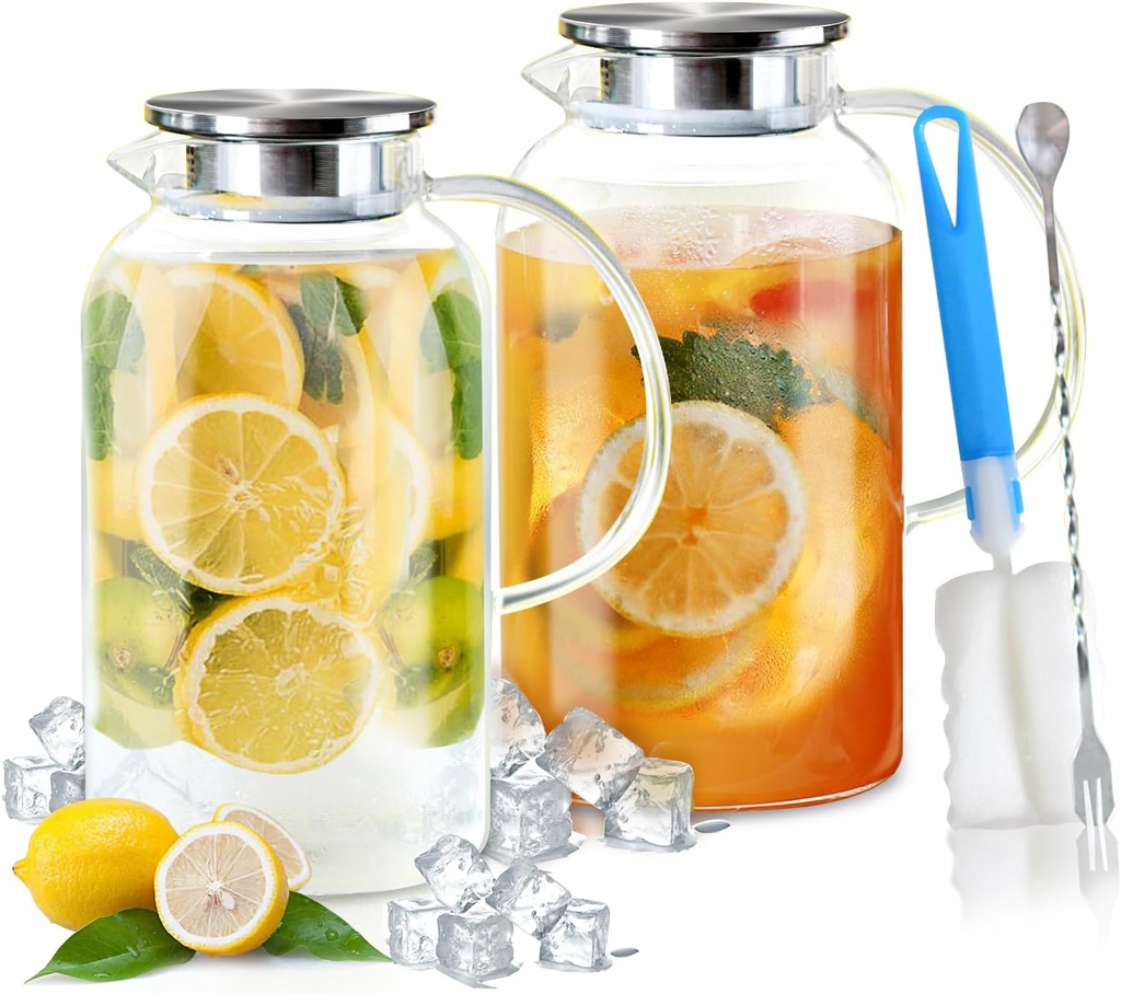 Etolies 2Pcs 74oz/2.2 Liter Borosilicate Glass Pitchers with Handle and Lid, Glass Water jug,Beverage Carafe Hot/Cold Water Pitcher for Drinks, Iced Tea,Milk,Juice jar (with Cup Brush& Mixing Spoon)