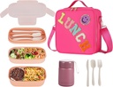 Bento Lunch Box Set for Girl Kids, with 10oz Soup Thermo, Leak-Proof Food Containers, Insulated Nylon Preppy Lunch Bag with Adjustable Strap for Girls School Travel Picnic