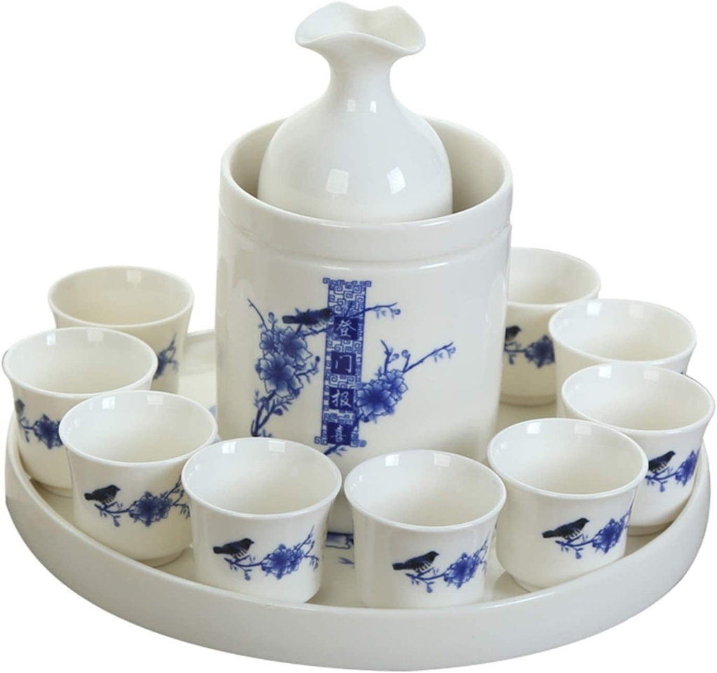 Japanese Sake Cup Set with Ceramic Tray Sake Set 11-Piece with 1 Warmer Ceramic and 1 Sake pot, 8 Sake cup, 1 Tray,Annunciation