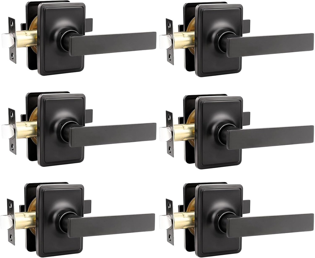 GOBEKOR Matte Black Passage Lever Door Handle with Lock Black Keyless Passage Door Locks for Hall Closet Keyless Reversible Door Lockset with Greenwich Trim 6 Pack