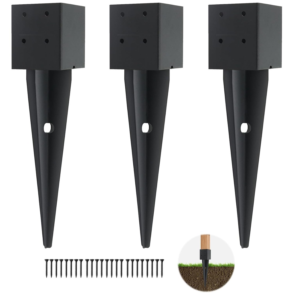 3 Pcs 4x4 Fence Post Anchor Ground Spike (Inner Size 3.6"x3.6") Black Powder Coated–Mailbox Post Anchors 16", for Deck,Fence,Railing,Mailbox..