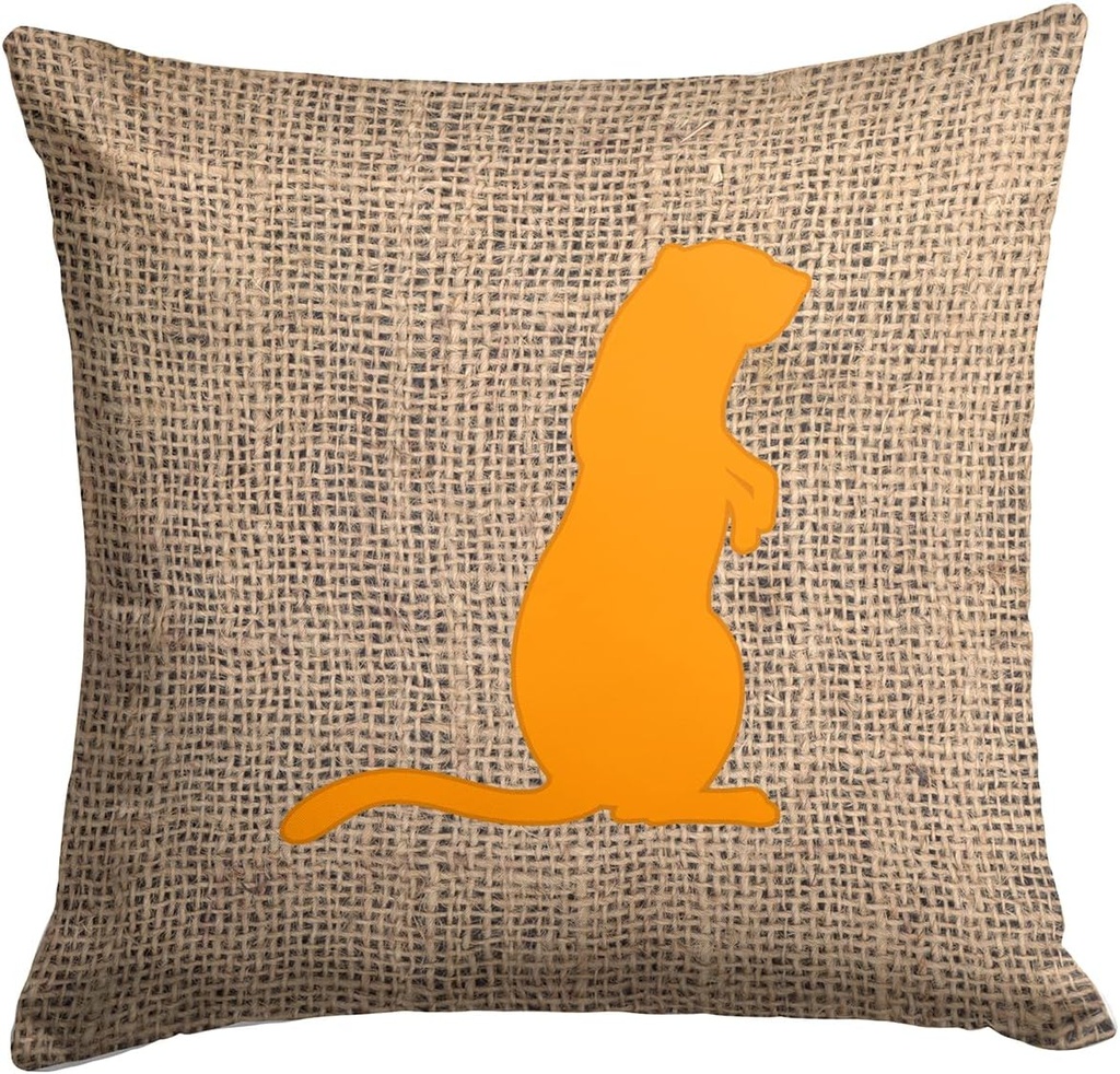 Caroline's Treasures BB1118-BL-OR-PW1414 Meerkat Burlap and Orange Fabric Decorative Pillow Machine Washable, Indoor Outdoor Decorative Pillow for Couch, Bed or Patio, 14Hx14W