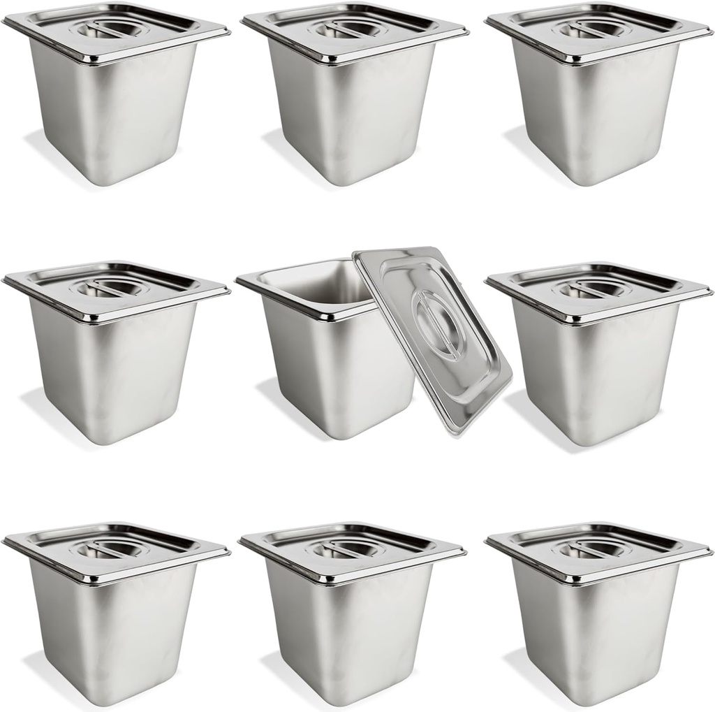 9 Pcs 1/6 Size 6 Inch Deep Restaurant Hotel Pan with Lids Stainless Steel Steam Table Pan Commercial Catering Metal Food Trays Warming Pans for Food Hotel Buffet