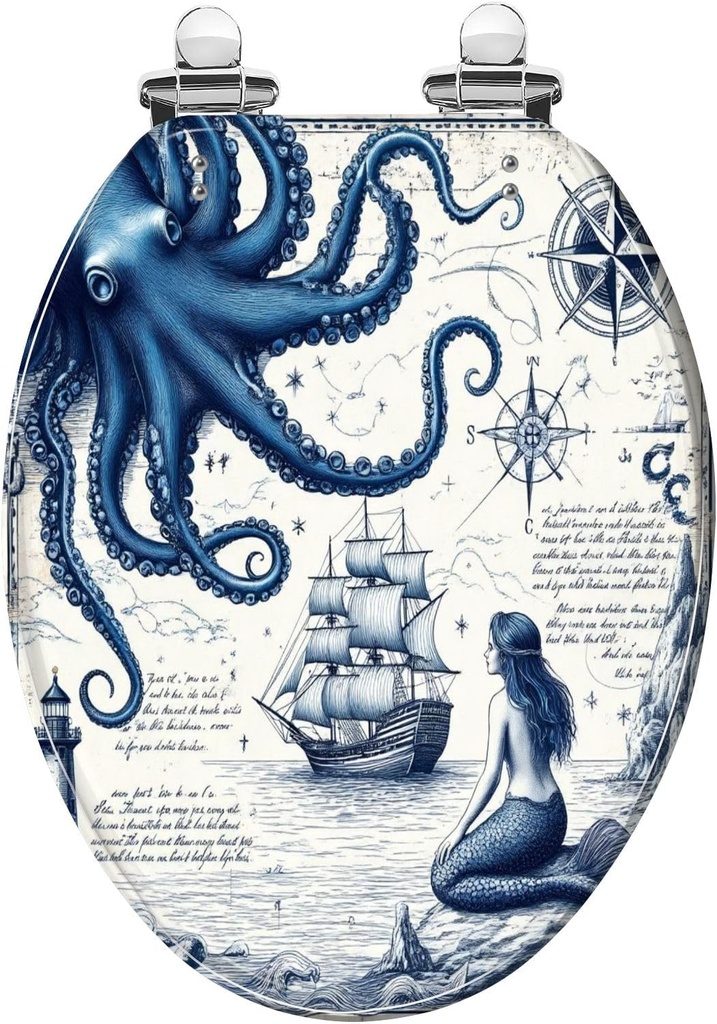 Elongated Toilet Seat Blue Nautical Octopus Navy Mermaid Funny Ocean Kraken Cool Anchor Slow Close Soft Close Strong Stainless Steel Hinges Resin Toilet Seat Replacement Bathroom Accessories