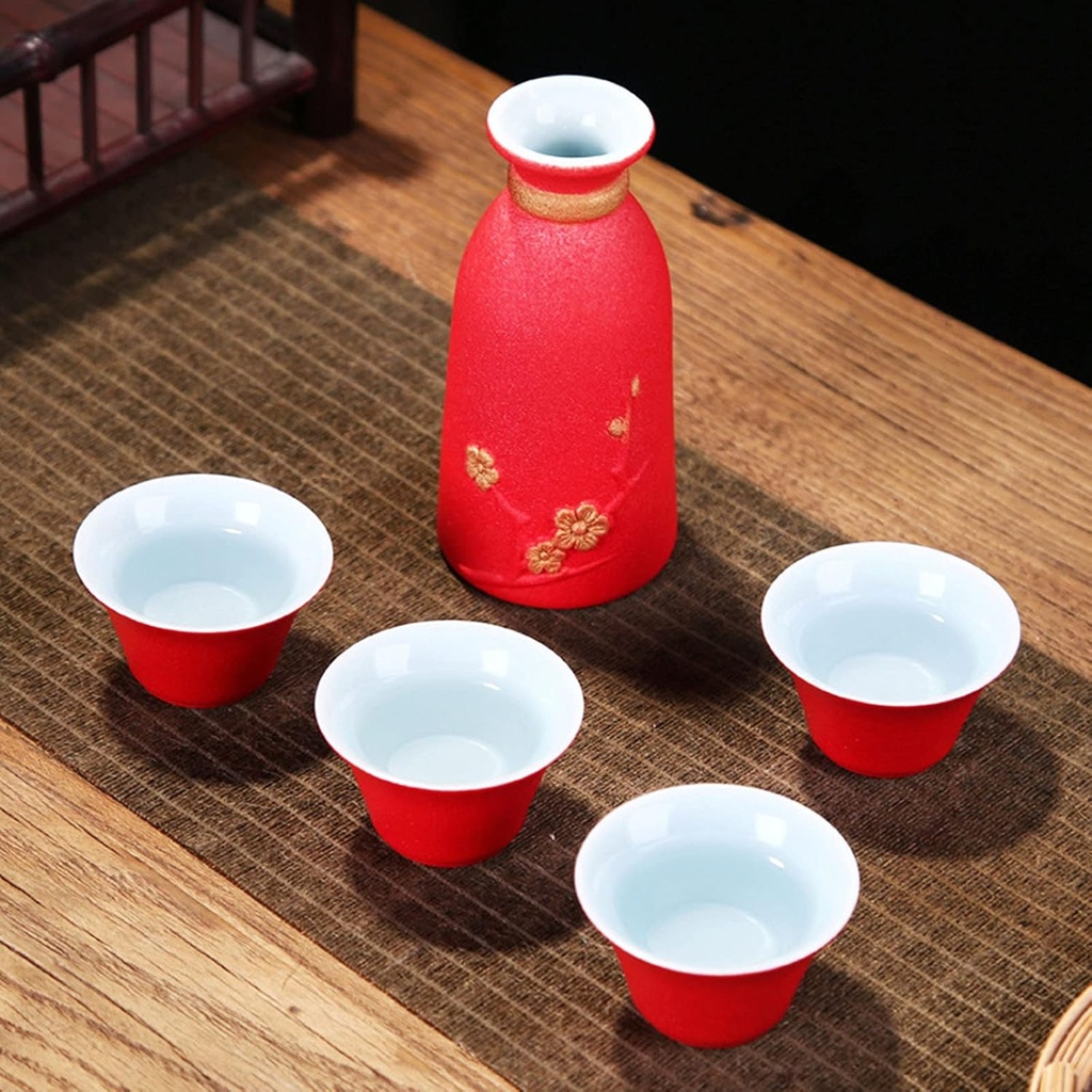 Red,Sake Set Traditional Japanese Ceramic Wine Glass Jug 5-Piece Hand-Painted Design Exquisite Craft Gift 210Ml