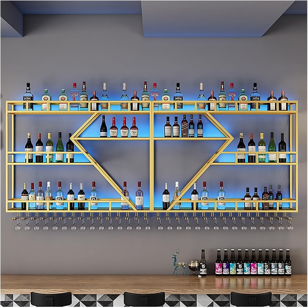 Wall Mounted Wine Storage Racks with LED Light,with Hanging Wine Glass Holder,Metal Floating Shelves with Stemware Hanger,Liquor Bottle Display Shelf,for Home Bar Wine Cellar Kitch