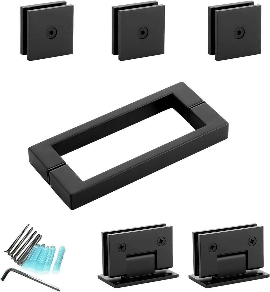 Shower Door Hardware Kit for Frameless Inline Hinged Doors, Includes Hinges, Square Pull Handles and Clamps, for 5/16"–3/8" Glass, Suitable for Bathtub or Standing Shower Setup, Matte Black