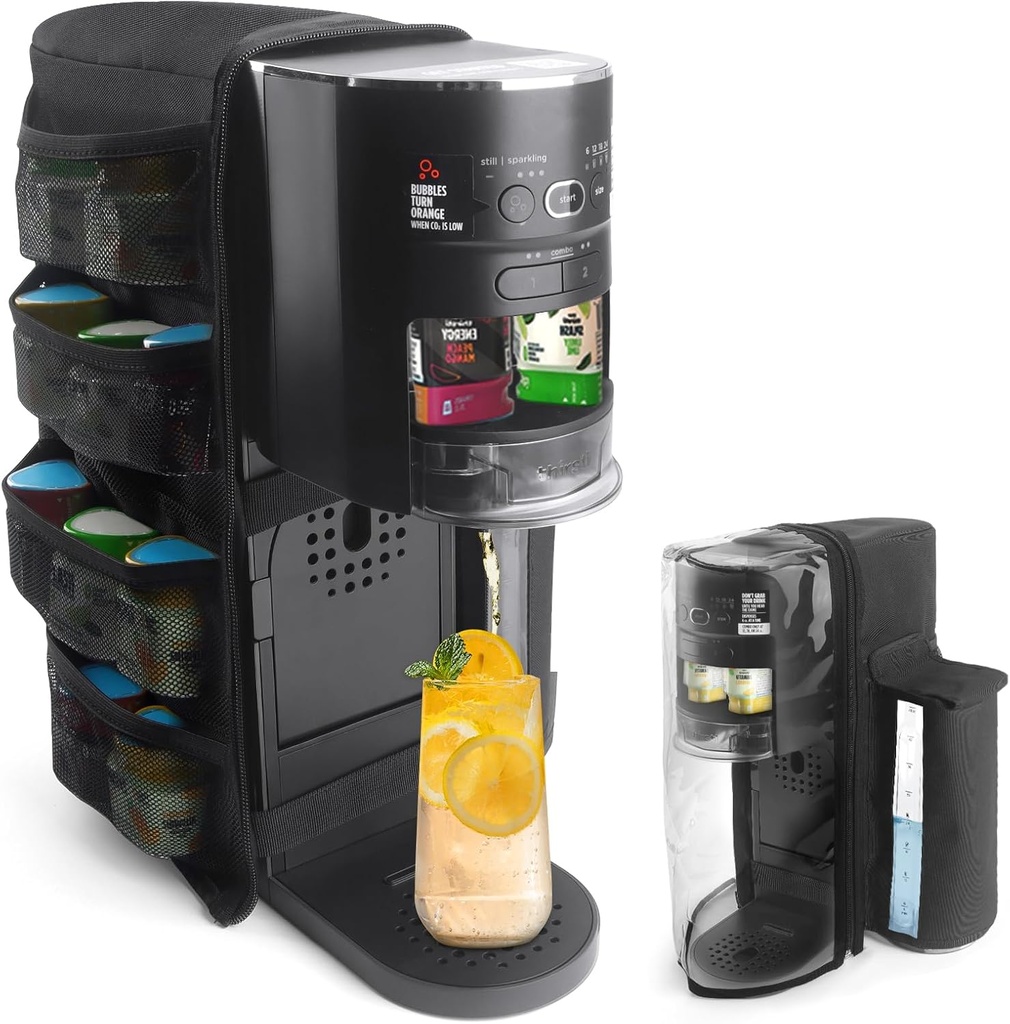 Soda Machine Dust Cover for Ninja Thirsti Drink System, Cover Bag with Storage Pockets Compatible with Ninja Thirsty, Flavored Water Drops(Bag Only), Black