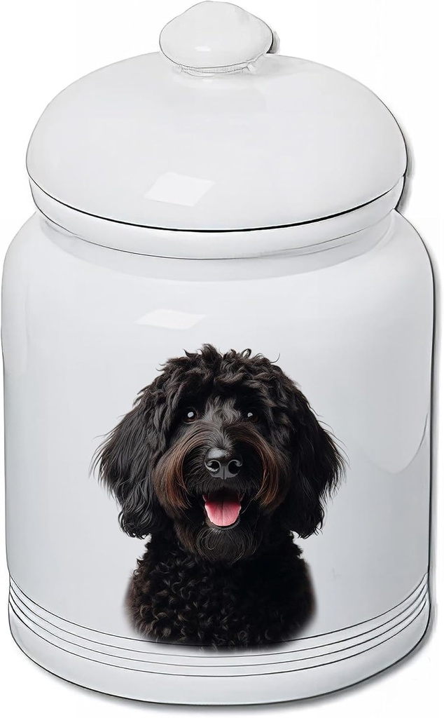 Best of Breed Labradoodle Black Dog and Cat Ceramic Treat Jar 9" Tall Air Tight Seal All White