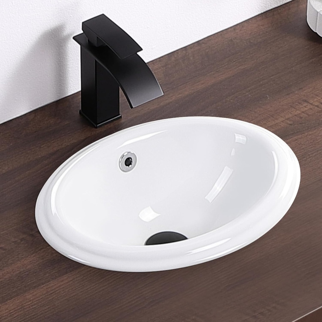 Bathroom Vessel Sink 16'' x 12'' Semi Recessed Bathroom Sink Oval Drop-in Vanity Sink with Overflow White Ceramic Modern Art Basin
