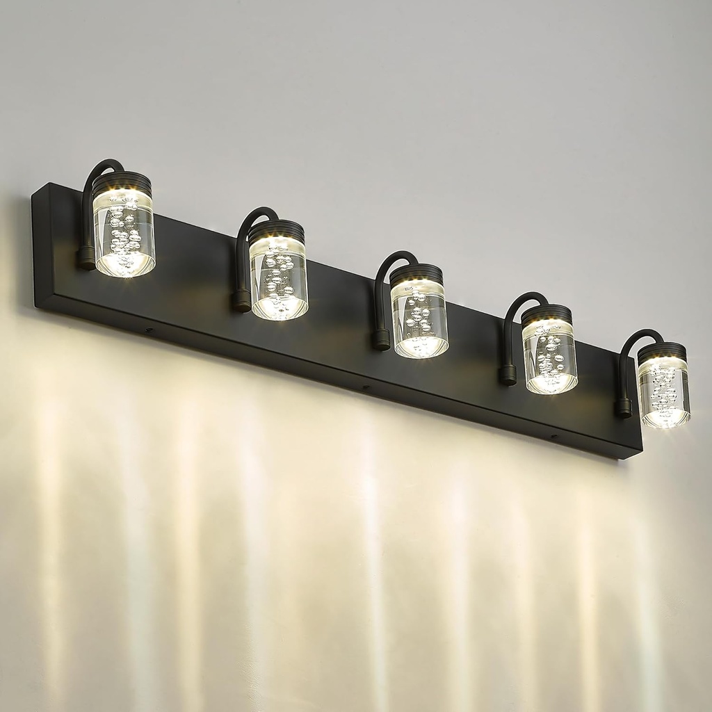 LMS LED Dimmable 5 Lights Bathroom Vanity Light, Matte Black Modern Vanity Lights with Bubble Crystal Shade, 20W 3000/4000/5000K, LMS-176-5