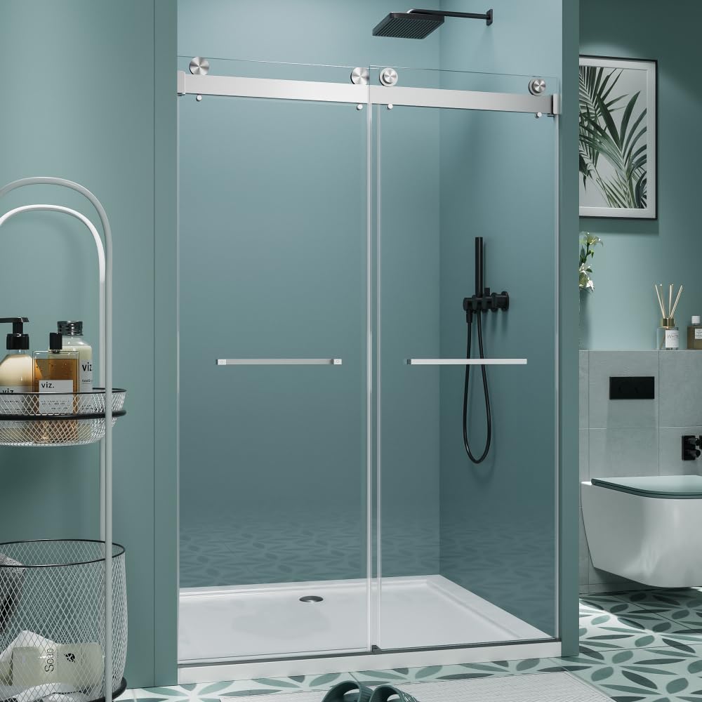 60" W x 72" H Chrome Aluminum Frame Double Sliding Shower Door with 1/4" (6mm) Nano-Coated Clear Tempered Glass and Dual Stainless Steel Handles (Brushed Nickel + Stainless Steel + Bathroom)