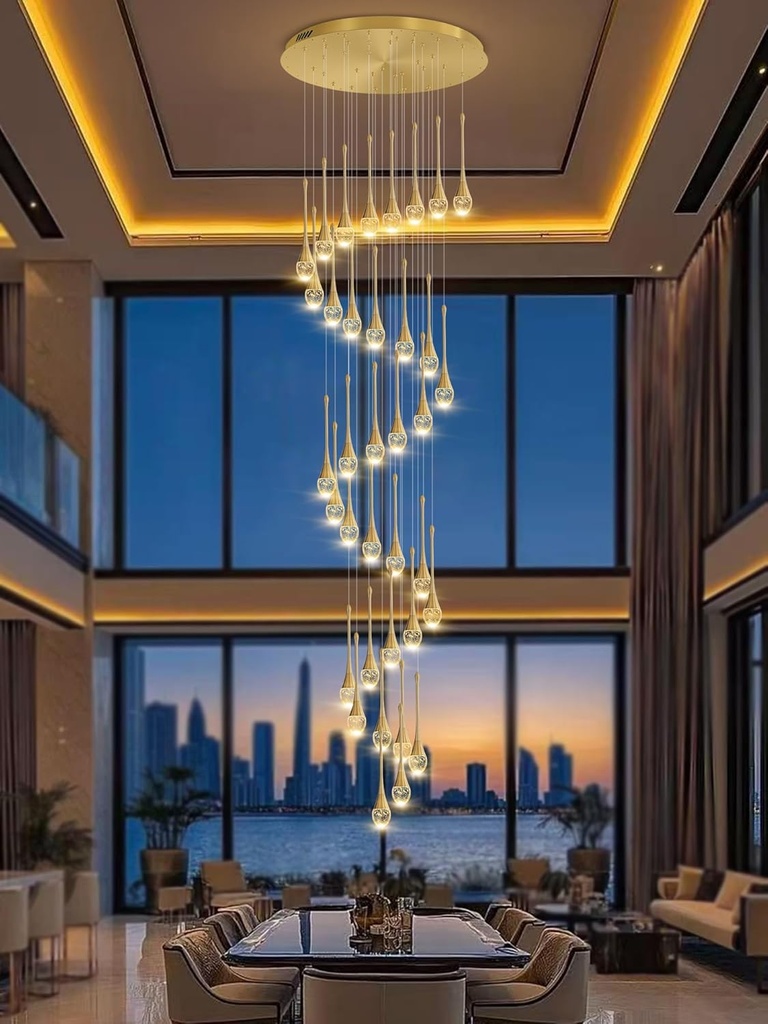H150 Spiral Chandelier Lighting Modern Gold Chandelier Light Fixture for Foyer Hallway Crystal Chandeliers for High Ceilings Suitable for Sloping Ceiling 2700-6000k Dimmable
