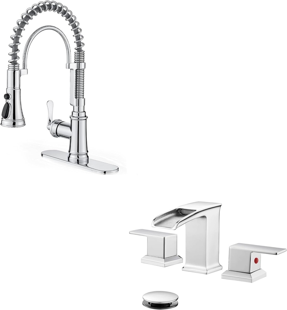 3-Function Single Hole Kitchen Faucets 3 Hole, Single Handle Modern Kitchen Faucet, 360 Degree Swivel Spring Faucet, 4-8 Inch Waterfall Bathroom Faucets, Widespread 3 Hole Bathroom Sink Faucet