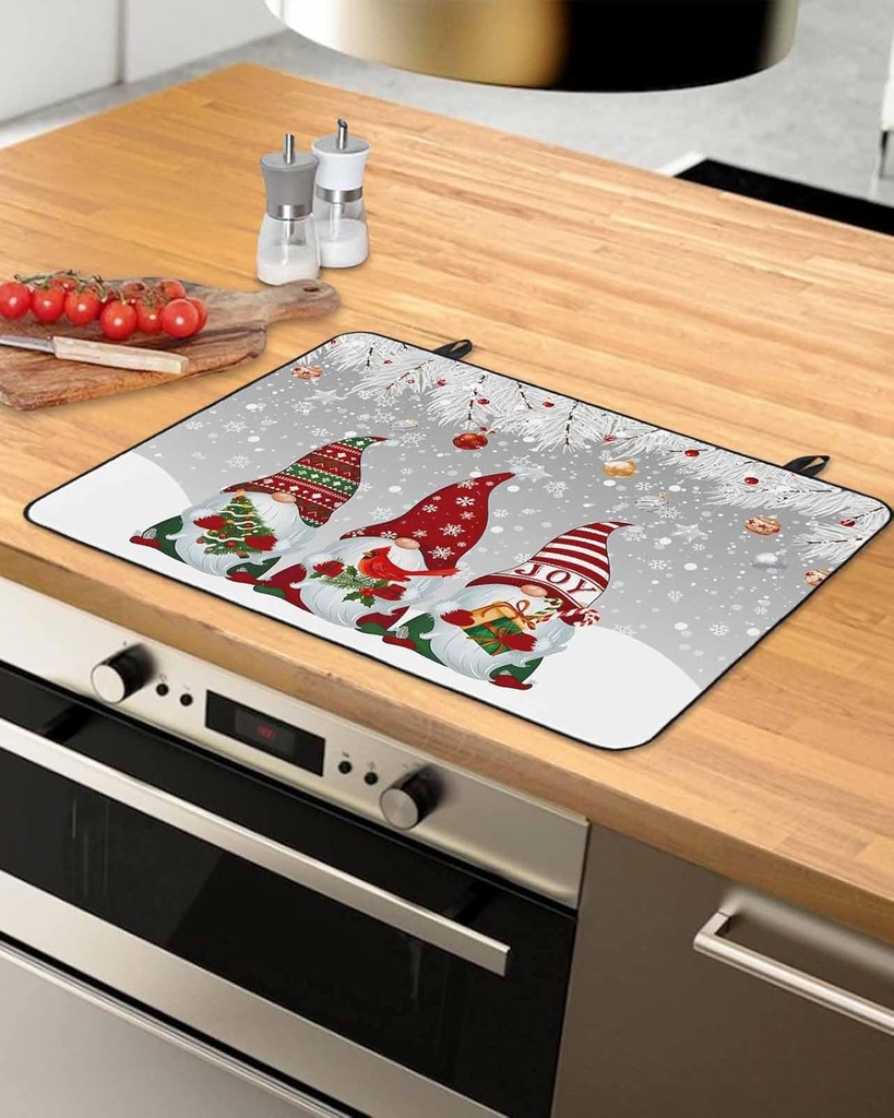 Christmas Countertop Burners Protection Mats for Kitchen, Gnome Christmas Gift Tree Snowflake Gray Rubber Stove Top Cover Mat, Heat Proof Mats Cooktop Cover for Counter Dish Drying Mat, 31"x24"