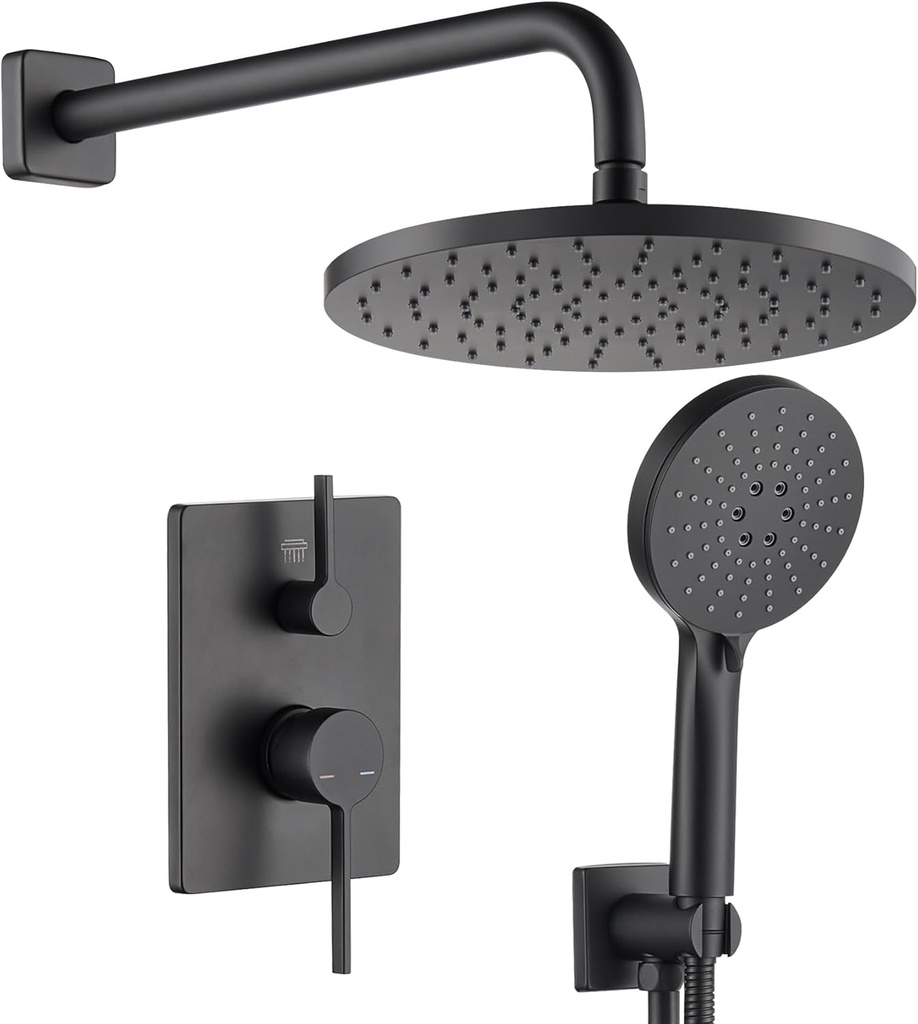 Bathroom Rainfall Shower System Set with 10'' Rain Shower Head, 3-Setting Handheld Spray, Valve Included Wall Mounted Matte Black SF001MB-D10