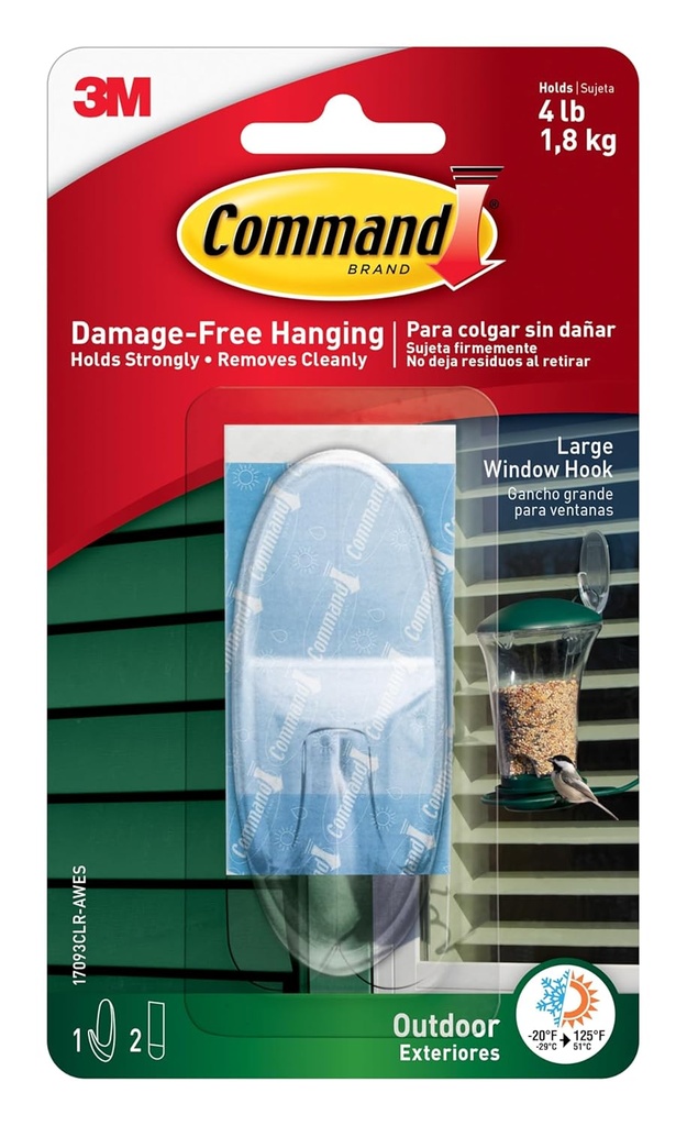 Command Outdoor Large Clear Wall Hooks, 1 Hook and 2 Command Strips, Damage-Free Hanging Wall Hooks for Hanging Outdoor Wall Decor with Weather Resistant Strips, Holds up to 4 lb