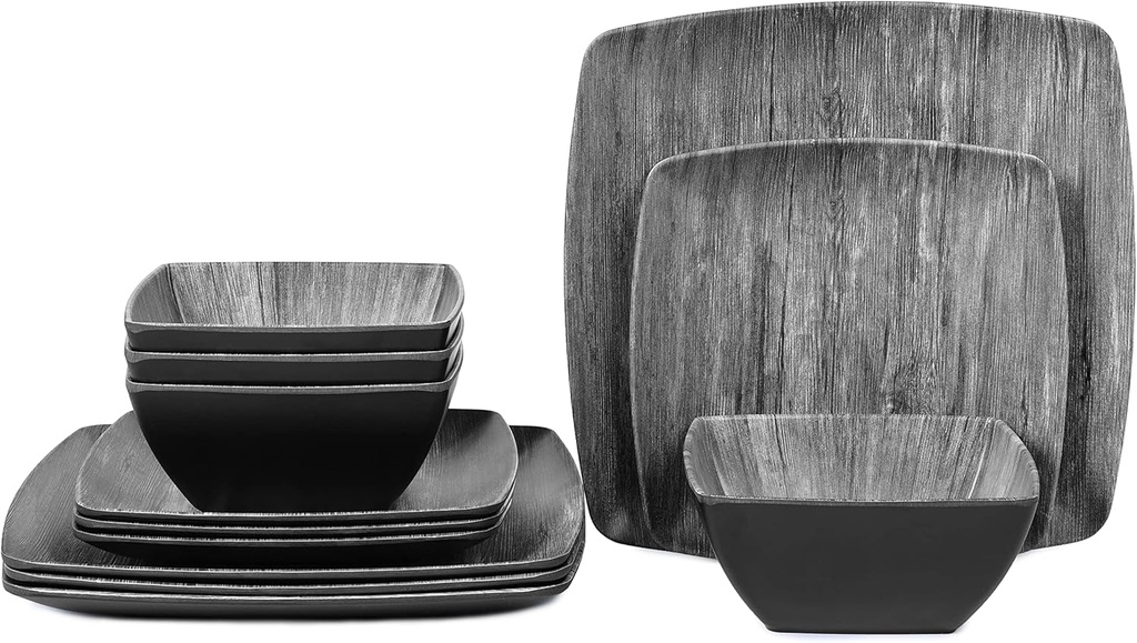 Melamine 12pcs Classic Square Dinnerware Set, Concise Plates and Bowls Set, Service for 4, Dishwasher Safe, Natural Wood Grain Design,black wood