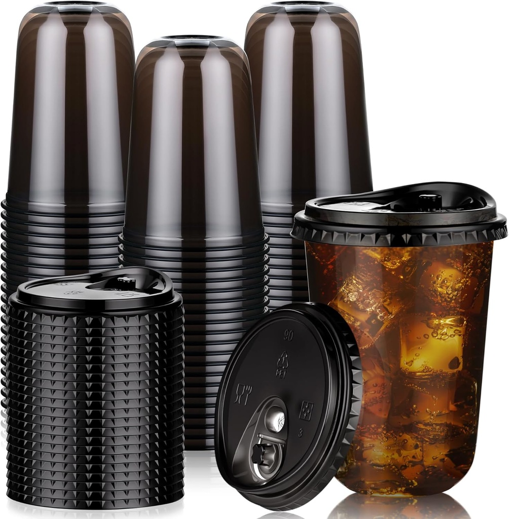 KesaPlan 100 Pack 16oz Black Plastic Cups with Lids, Disposable Round Bottom Stemless Glasses with Sip Lids, To Go Iced Coffee Drinking Cups for Halloween Party Wedding Catering Events