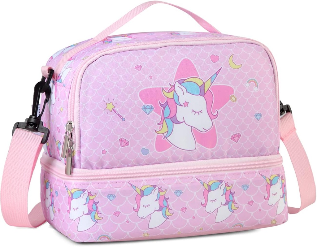 Lunch Bag for Kids, Insulated Lunch Box Cute Thermal Lunch Tote Bag with Dual Compartment and Removable Shoulder Strap, VONXURY (Pink Unicorn 2)