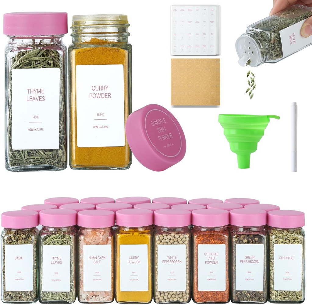 Pink Spice Jars with Label，4oz Seasoning Containers, Glass Spice Bottles with Shaker Lids,Funnel, Chalk Pen (Pink, 24)