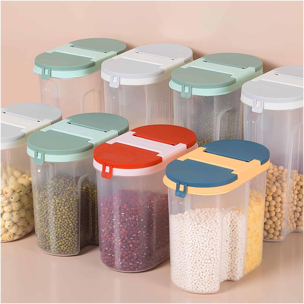 Double Compartment Grain Storage Jar, Airtight Moisture-proof Food Storage Container, Suitable For Kitchen Storage(Been green,Large)